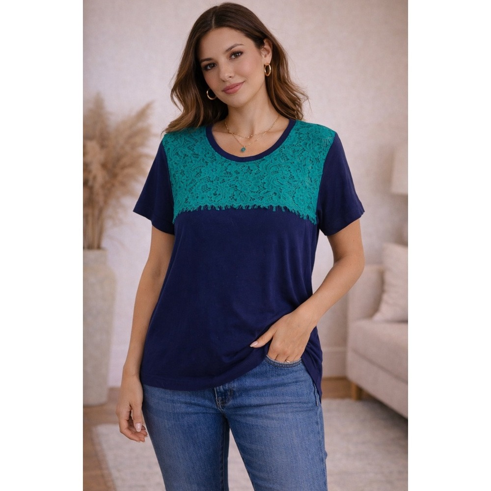J. Crew Womens Navy Blue Teal Green Lace Overlay‎ Short Sleeve Top Size M